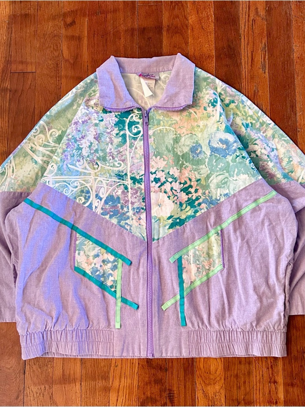 Vintage ‘80s Grandma Granny Floral Flowers Spring Full Zip Purple Track Jacket L